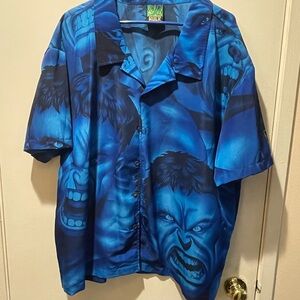 Vintage Incredible Hulk Marvel Comics Blue All Over Print Button Shirt Men’s EL